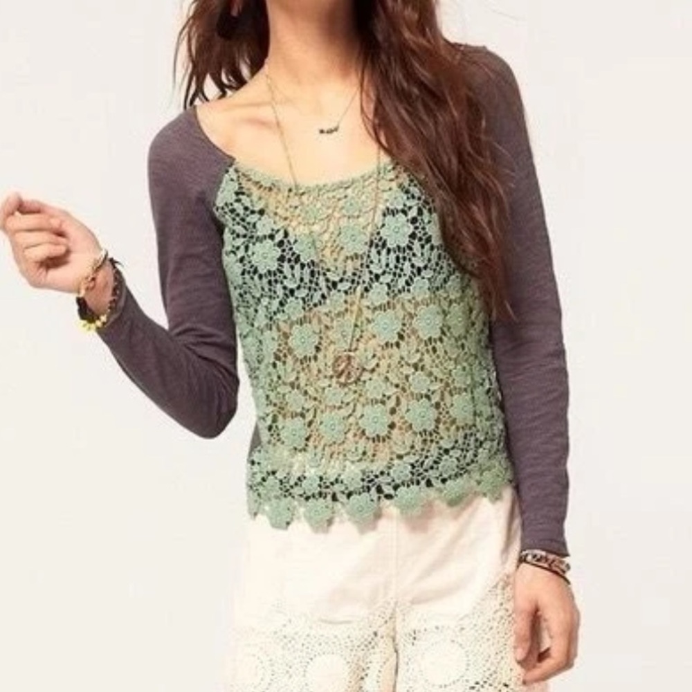 Free People Green Crochet Lace Front Raglan Sleeve Top